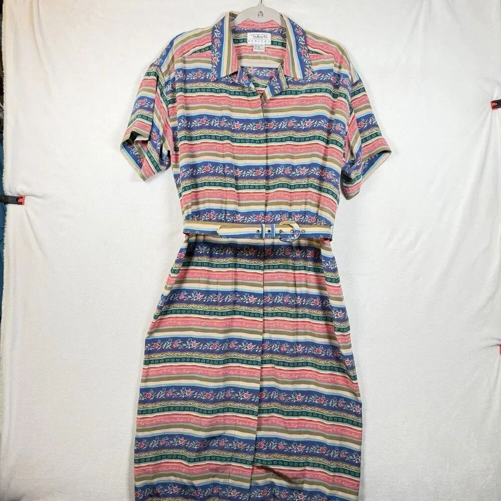 VTG Talbots Petites 100% Silk Shirt Dress 14P Floral Stripe Belted Midi Collared